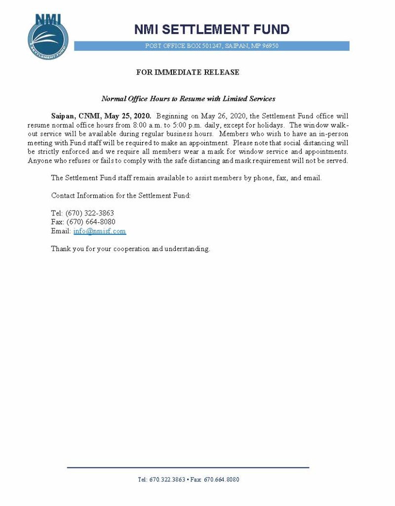 FOR IMMEDIATE RELEASE: Normal Office Hours to Resume with Limited Services